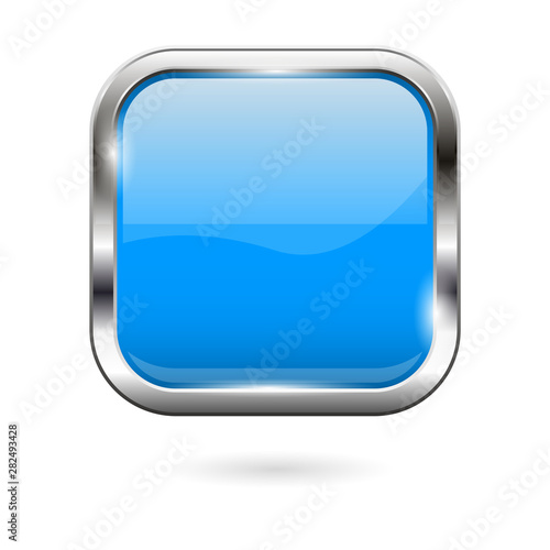 Blue glass button. 3d shiny square icon
