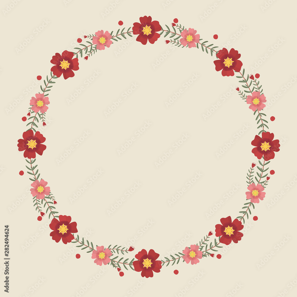 Floral greeting card and invitation template for wedding or birthday, Vector circle shape of text box label and frame, Red portulaca flowers wreath ivy style with branch and leaves.