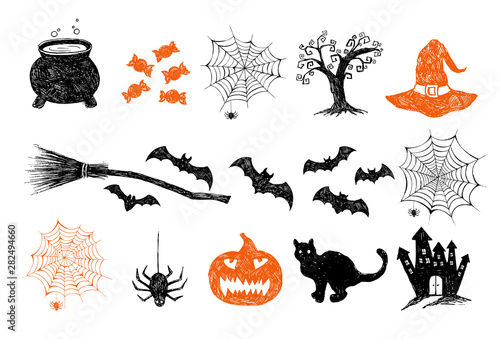 Halloween symbols hand drawn illustrations