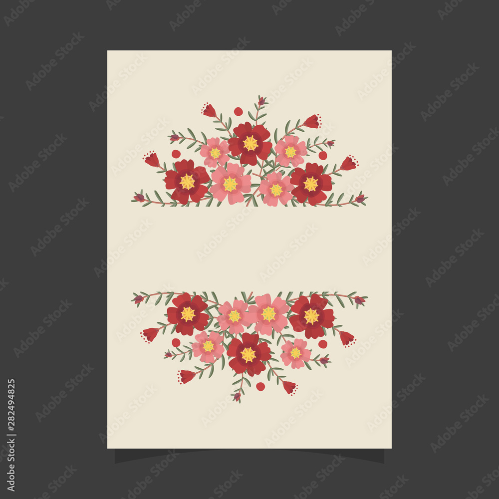 Common size of floral greeting card and invitation template for wedding or birthday anniversary, Red portulaca flowers wreath ivy style with branch and leaves.