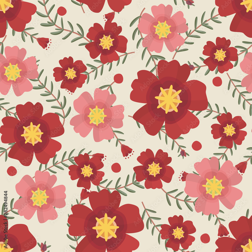 Floral vector artwork for apparel and fashion fabrics, Red portulaca flowers wreath ivy style with branch and leaves. Seamless patterns background. Floral vector artwork for apparel and fashion fabrics, Red portulaca flowers wreath ivy style with branch and leaves. Seamless patterns background.