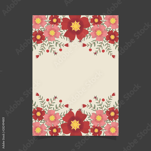 Common size of floral greeting card and invitation template for wedding or birthday anniversary, Red portulaca flowers wreath ivy style with branch and leaves. © Kobsoft