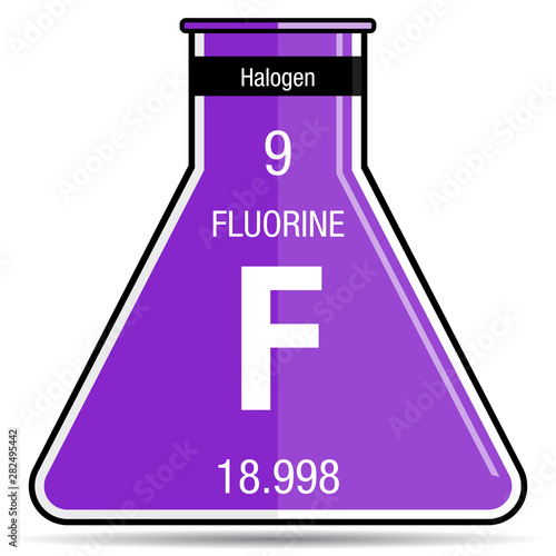 Fluorine symbol on chemical flask. Element number 9 of the Periodic Table of the Elements - Chemistry