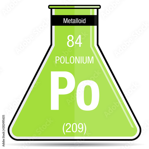 Polonium symbol on chemical flask. Element number 84 of the Periodic Table of the Elements - Chemistry