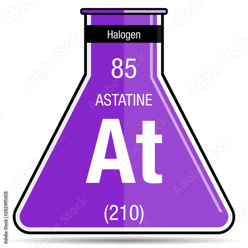 Astatine symbol on chemical flask. Element number 85 of the Periodic Table of the Elements - Chemistry