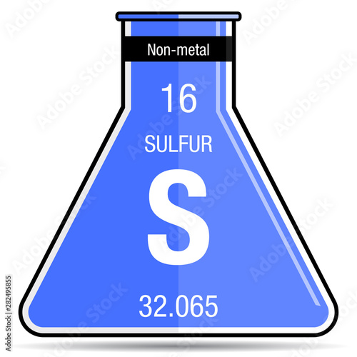 Sulfur symbol on chemical flask. Element number 16 of the Periodic Table of the Elements - Chemistry