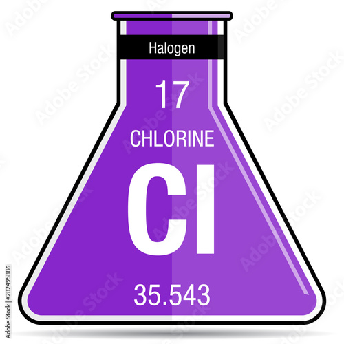 Chlorine symbol on chemical flask. Element number 17 of the Periodic Table of the Elements - Chemistry