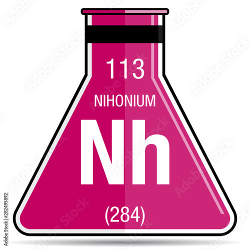  Nihonium symbol on chemical flask. Element number 113 of the Periodic Table of the Elements - Chemistry