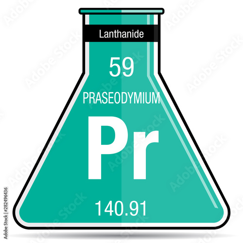 Praseodymium symbol on chemical flask. Element number 59 of the Periodic Table of the Elements - Chemistry