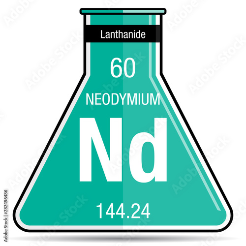 Neodymium symbol on chemical flask. Element number 60 of the Periodic Table of the Elements - Chemistry