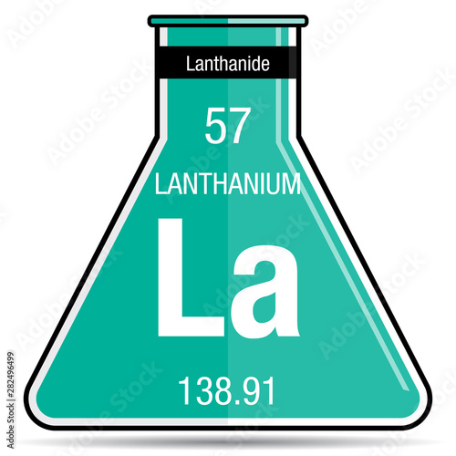 Lanthanium symbol on chemical flask. Element number 57 of the Periodic Table of the Elements - Chemistry