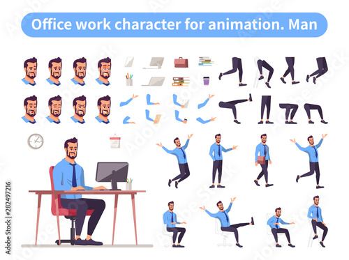 Businessman front view animated flat vector character design. Office worker character animation creation cartoon set. Manager constructor with various face emotion, body poses, hand gestures, legs kit