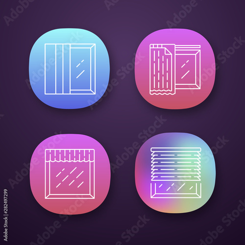 Window treatments app icons set. Panel tracks, liner, valance. House decoration. Kitchen curtain. Home interior design. UI/UX user interface. Web or mobile applications. Vector isolated illustrations