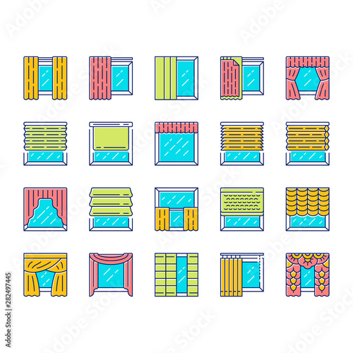 Window treatments and curtains color icons set. Roman shades, blinds, valance, panel, shutters. Room darkening. Interior design, home decor shop. Isolated vector illustrations