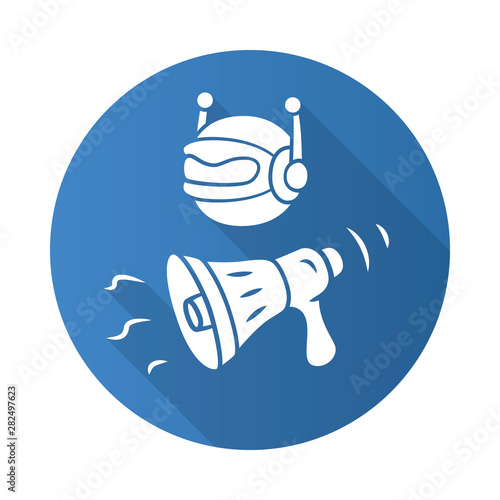 Propaganda bot flat design long shadow glyph icon. Spam attack. Marketing campaign. Robot spread disinformation. Artificial intelligence. Social media bot. Vector silhouette illustration