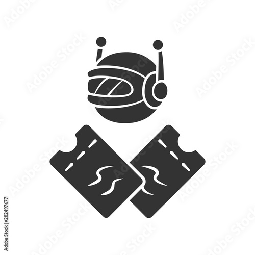 Scalper bot glyph icon. Tickets wholesale buying scalping bot. Online bulk purchases. Internet application. Artificial intelligence. Silhouette symbol. Negative space. Vector isolated illustration