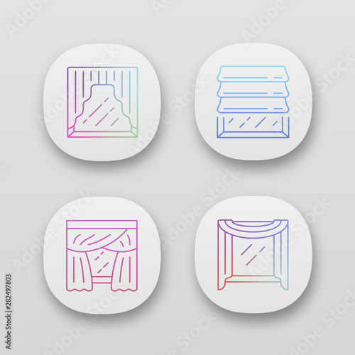 Window drapes app icons set. Roman shades, swags, priscilla curtains, window scarf. Home interior decor. UI/UX user interface. Web or mobile applications. Vector isolated illustrations
