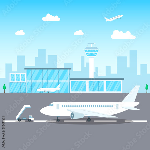 Airport Passenger Terminal Concept on a Landscape Background Scene. Vector