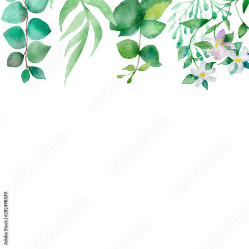 Watercolor hand painted nature one line banner with green eucalyptus leaves and branches and white blooming bergamot flowers bouquet for invitations and greeting cards with the space for text