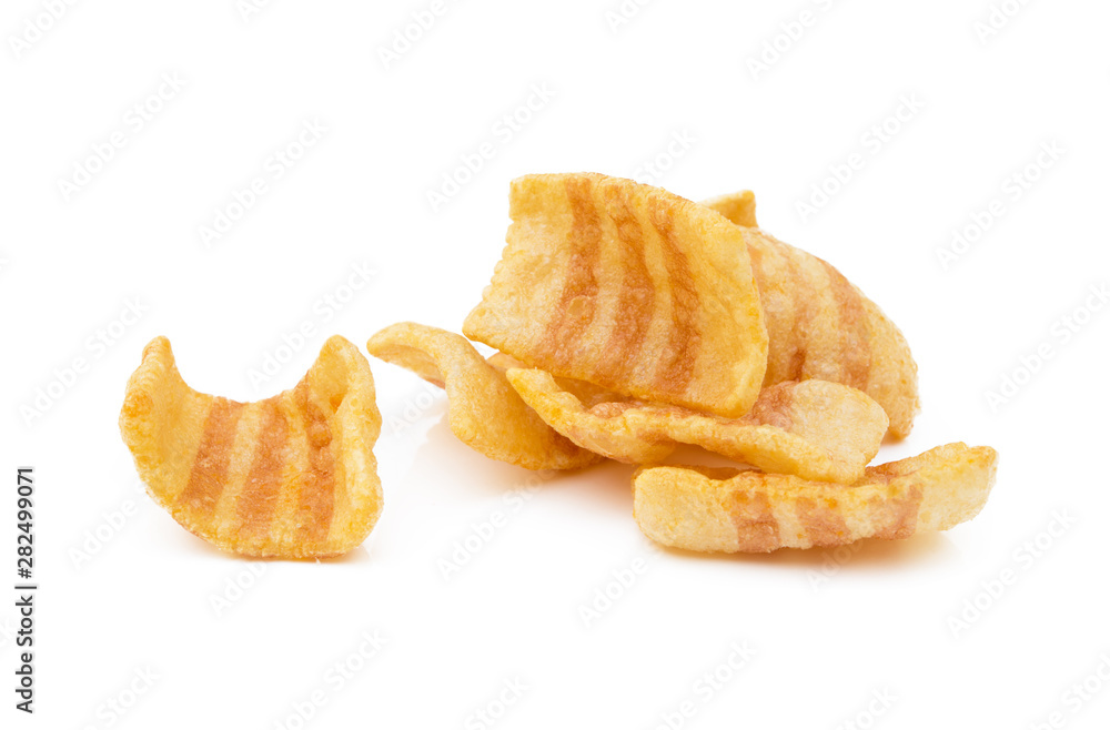 Fried wheat-potato snack with smoked bacon flavor isolated on white background Fried wheat-potato snack with smoked bacon flavor isolated on white background