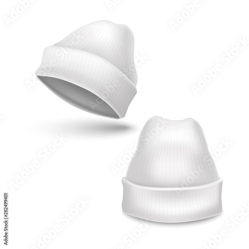 Realistic Detailed 3d White Blank White Beanie Template Mockup Set. Vector