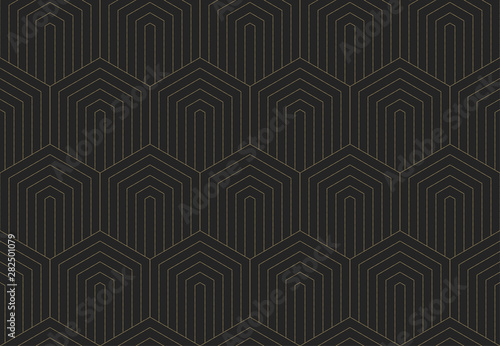 Seamless pattern Dark gold texture. Repeating geometric background of scales. Striped hexagonal mesh. Linear Graphic Design