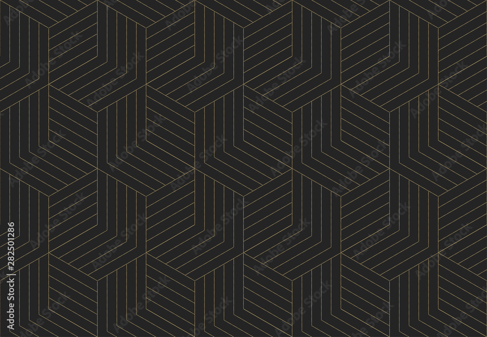 Seamless pattern. Dark and gold texture. Repeating geometric background. Striped hexagonal grid. Linear graphic design Seamless pattern. Dark and gold texture. Repeating geometric background. Striped hexagonal grid. Linear graphic design