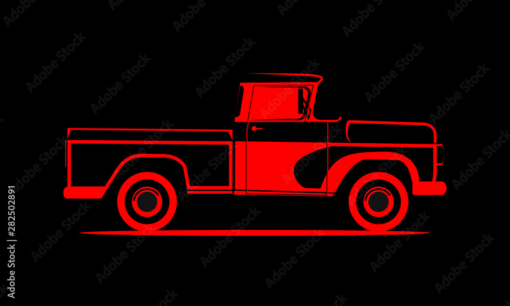 Schematic image pickup truck on a black background. Classic truck. Isolated vector illustration. Schematic image pickup truck on a black background. Classic truck. Isolated vector illustration.