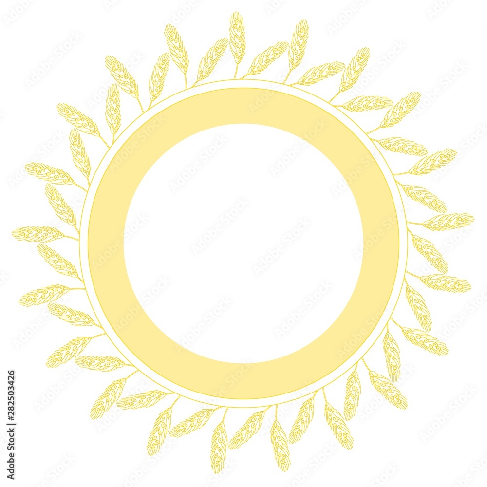 Wheat wreath isolated on white background.Round frame of wheat spikelets with space for text. Vector illustration in cartoon flat style. Harvest Conceptual Illustration. Wheat wreath isolated on white background.Round frame of wheat spikelets with space for text. Vector illustration in cartoon flat style. Harvest Conceptual Illustration.