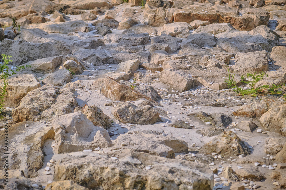 Texture of the rocky ground. Background of gray stones on a warm summer day.