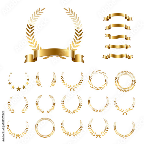 Golden laurel wreaths and ribbons set on white background. Set of foliate award wreath for championship or cinema festival. Vector illustration.