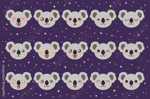 Colorful vector set of small cute koala emoticons. Collection isolated funny muzzle bear neat with different emotion in cartoon style.