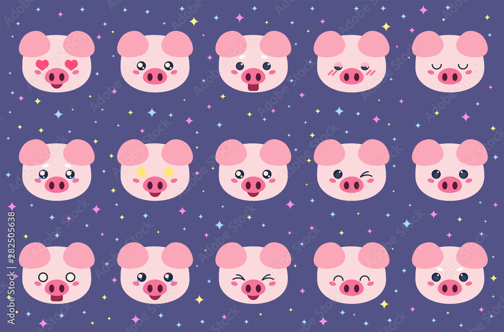 Fototapeta premium Colorful vector set of small cute pig emoticons. Collection isolated funny muzzle piggy with different emotion in cartoon style.