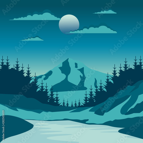 Vector illustration of night time nature landscape in the Countryside with a Full moon and a Stary sky