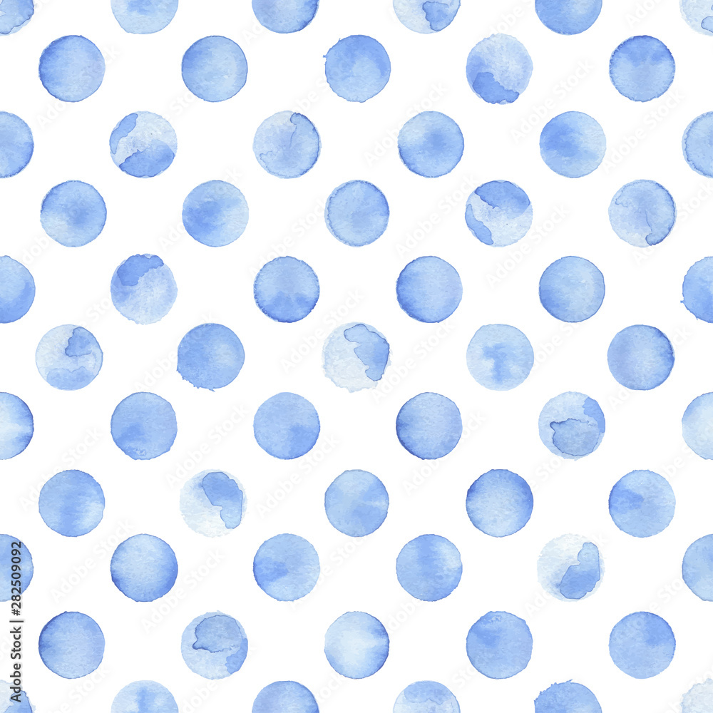Cute watercolor seamless pattern. Blue circles on a white background drawn by paint on paper. Print for textiles, scrapbooking, wallpaper, wrappers. Vector illustration.