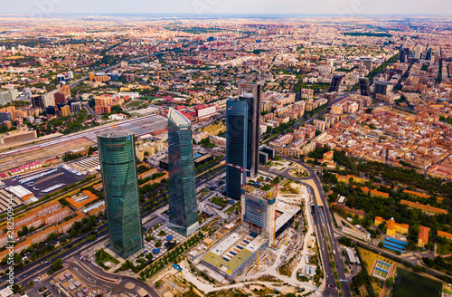 View of four modern business skyscrapers (Cuatro Torres) in Madrid