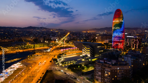 Photography Night view of Barcelona cityscape with Torre Glories