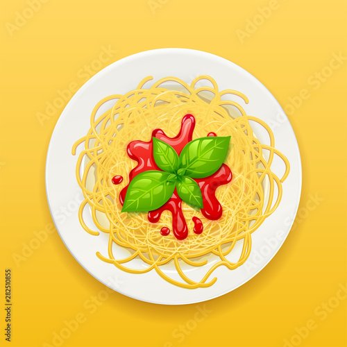 Spaghetti at plate. Pasta with ketchup. Noodles decorated basil leaf. Italian traditional food on yellow background. Eps10 vector illustration.