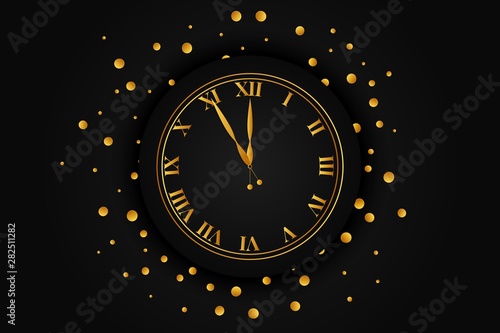 Clock dial with golden confetti. Happy new year text.