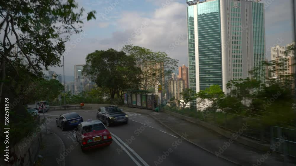 sunset time hong kong city famous victoria peak bus road trip front pov panorama 4k sunset time hong kong city famous victoria peak bus road trip front pov panorama 4k