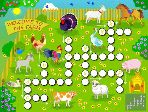 Crossword puzzle game with domestic farm animals. Educational page for children for study English language and words. Printable worksheet for kids textbook. Back to school. Vector cartoon image.