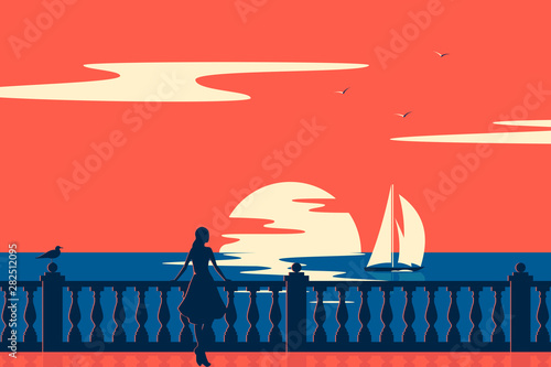 Woman on the promenade on the seashore looks at the sailboat. Nature landscape and seascape. Vintage retro poster.