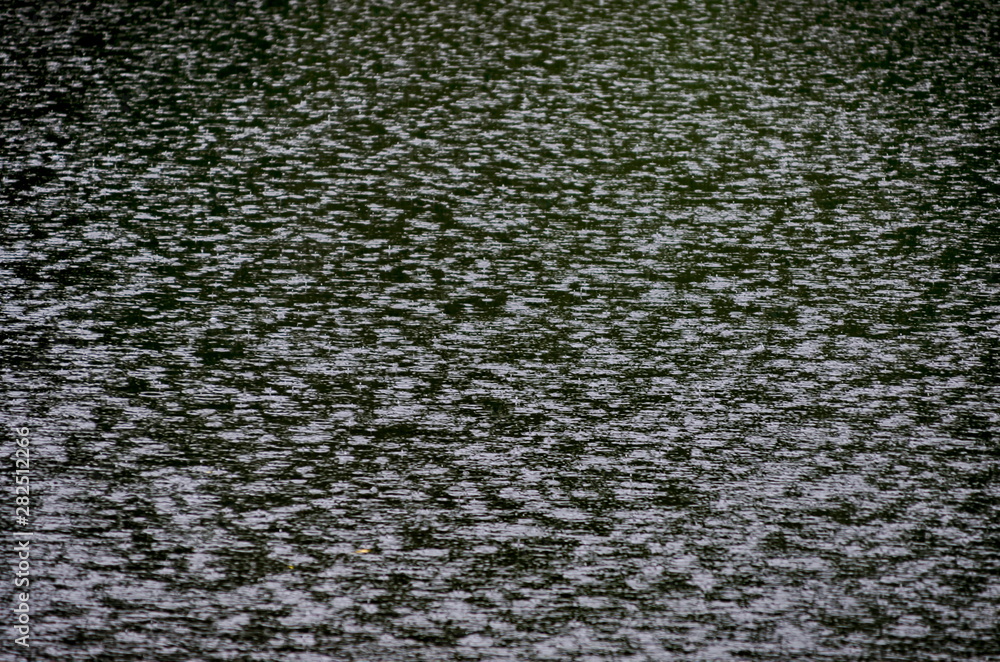 Obraz premium Interesting natural background of water with partial focus and reflection at artificial lake on a rainy day in rila park near town Dupnitsa, Bulgaria