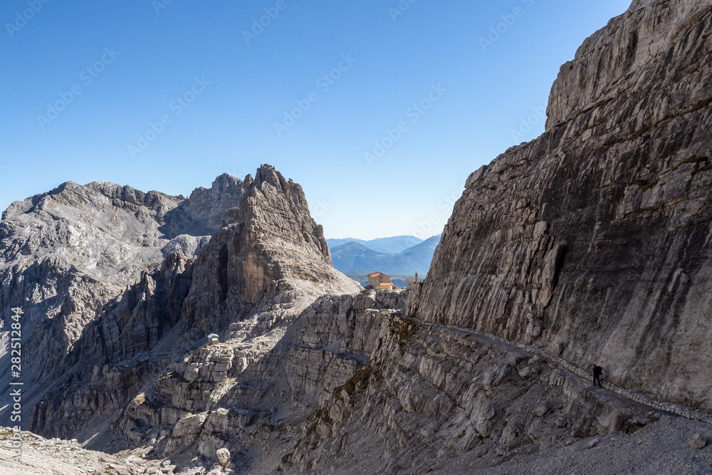 Mountain peaks in the Dolomites Alps. Beautiful nature of Italy. Chalet Pedrotti.