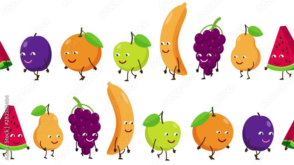 Cartoon fruits with faces are fun to follow each other. Animation with alpha channel. Cartoon fruits with faces are fun to follow each other. Animation with alpha channel.