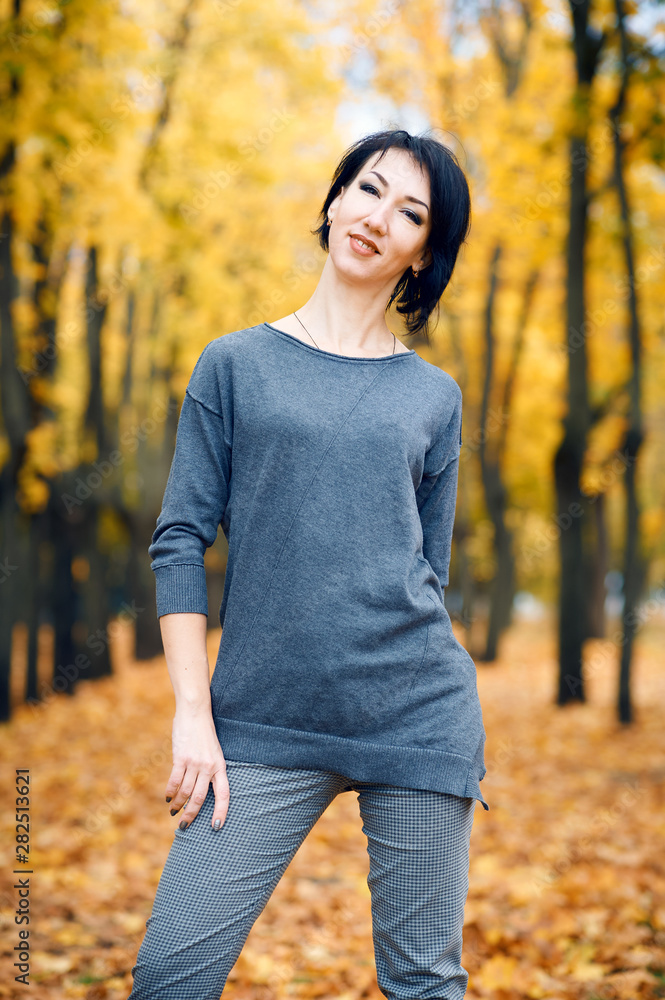 Beautiful woman posing in autumn city park, fall season, yellow leaves Beautiful woman posing in autumn city park, fall season, yellow leaves
