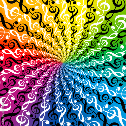 Treble clefs rainbow colored radial pattern. Colorful musical spirale pattern, multicolored and vibrant tunnel. Twisted circular fractal background illustration. photo