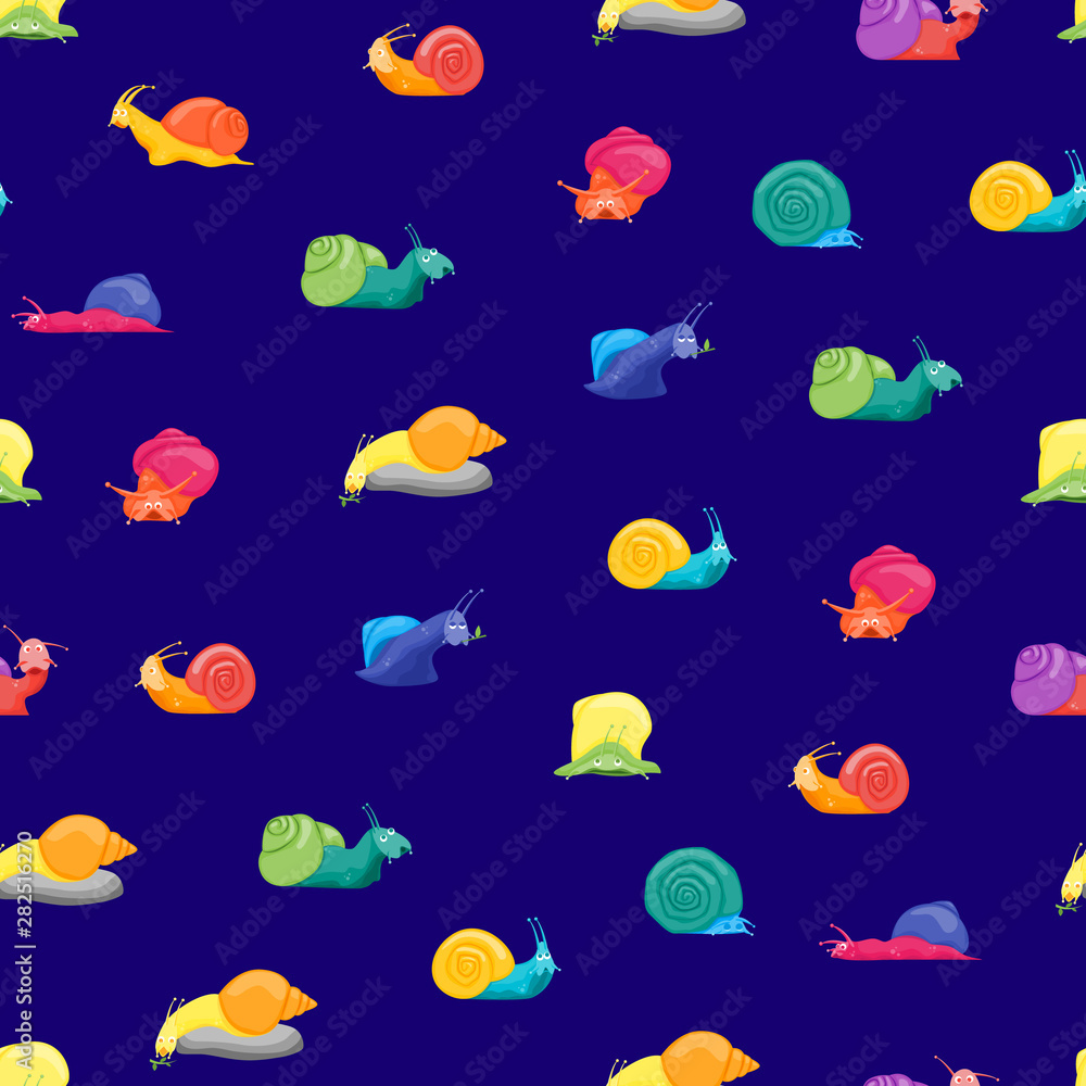 Obraz premium Cartoon Color Characters Funny Snails Seamless Pattern Background. Vector
