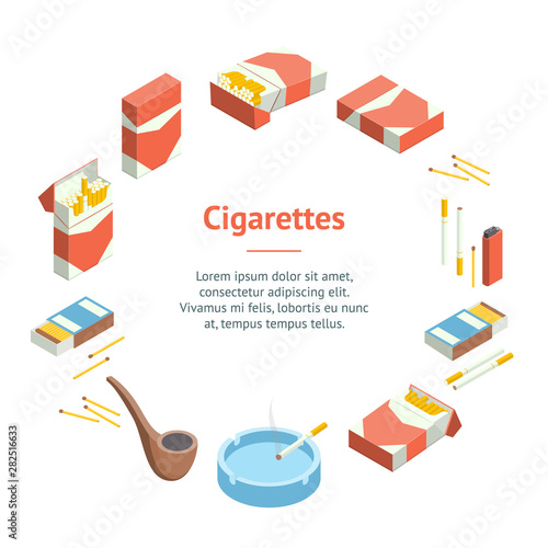 Cigarettes Accessories Smokers Signs 3d Banner Card Circle Isometric View. Vector