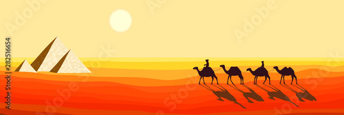 Desert Landscape with Sand Dunes. Caravan of Camels Goes to Symbol of Egyptian Pyramids. Silhouette Design in a Flat Style.